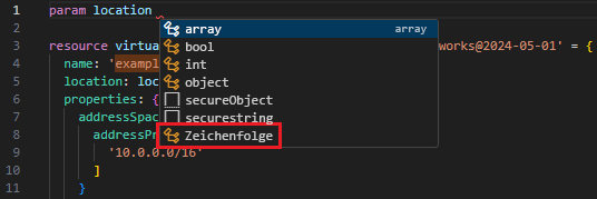 Screenshot: Hinzufügen des Zeichenfolgentyps zum Parameter.