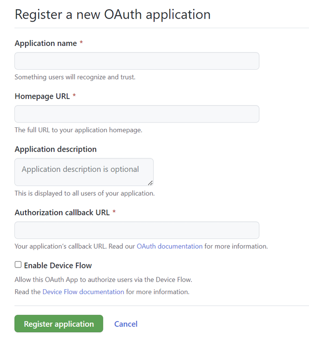 Screenshot der Registrierung einer neuen OAuth-Anwendung in GitHub.
