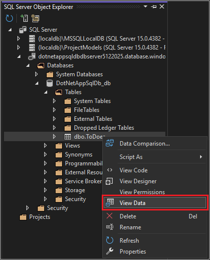 Screenshot, der zeigt, wie SQL-Datenbankobjekte untersucht werden.