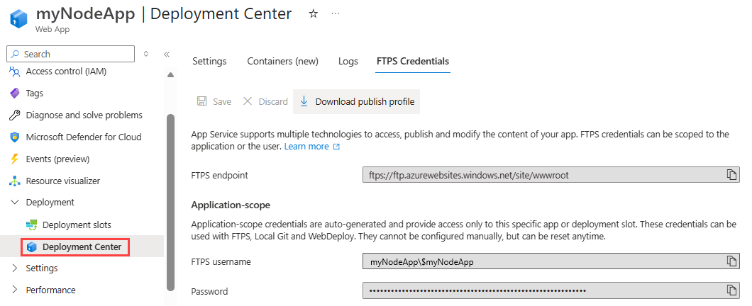 Screenshot, der die Registerkarte für die Bereitstellung der FTPS-Anmeldeinformationen zeigt.