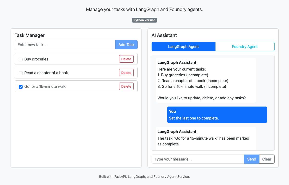 Screenshot einer Chatabschlusssitzung mit einem LangGraph-Agent.