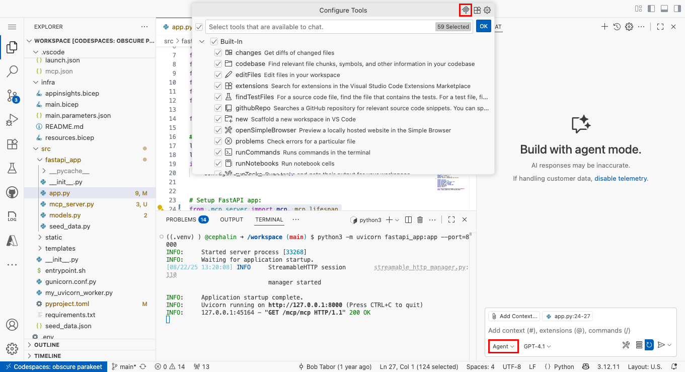 Screenshot, der zeigt, wie Sie einen MCP-Server im GitHub Copilot Chat-Agent-Modus hinzufügen.