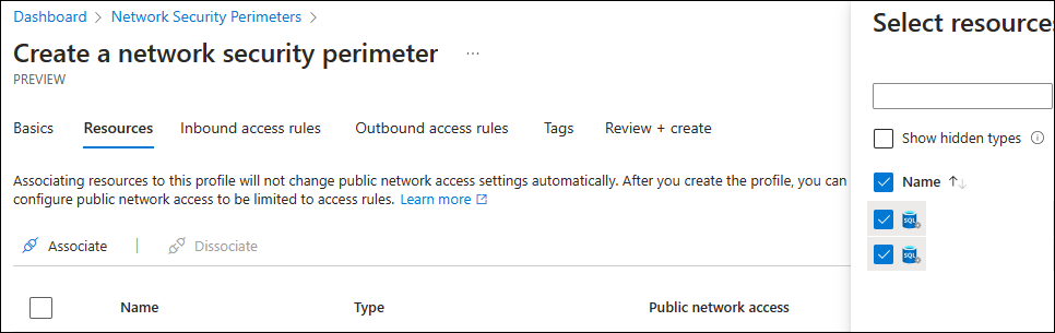 Screenshot des Erstellens eines Netzwerksicherheitsperimeters im Azure-Portal