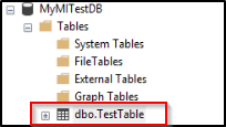 Screenshot des Objekt-Explorers in SSMS mit der Ordnerstruktur für Tabellen in MyMITestDB. Der dbo. Der TestTable-Ordner ist hervorgehoben.