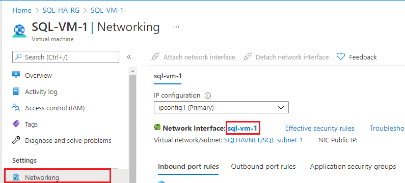 Screenshot der Netzwerkseite des virtuellen Computers im Azure-Portal mit ausgewähltem Netzwerkschnittstellenfeld.