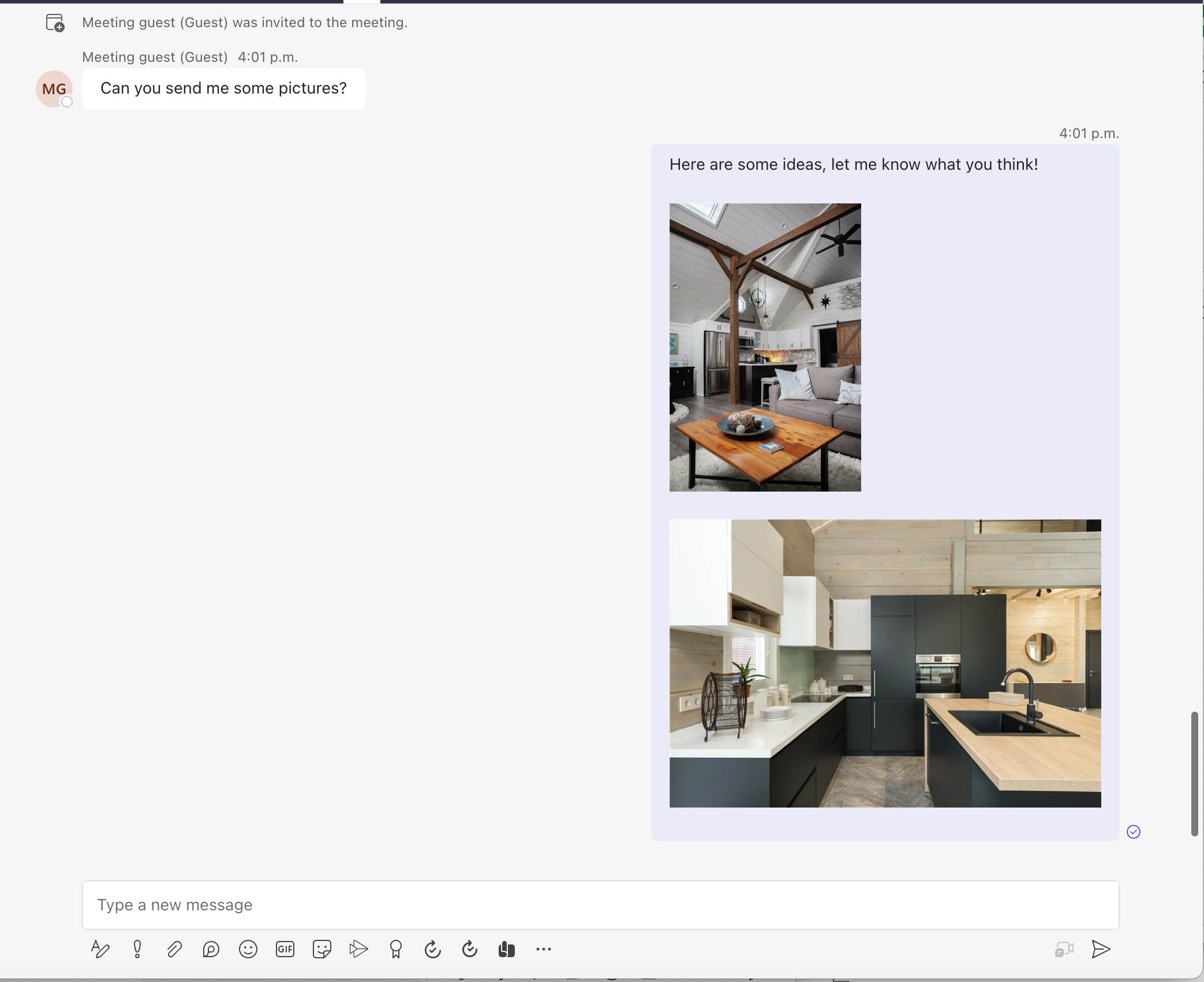 Screenshot eines Teams-Clients mit einer gesendeten Nachricht, in der steht: Hier sind einige Ideen, lassen Sie mich wissen, was Sie denken! Die Nachricht enthält auch zwei eingebettete Bilder von Innenraum-Mockups.