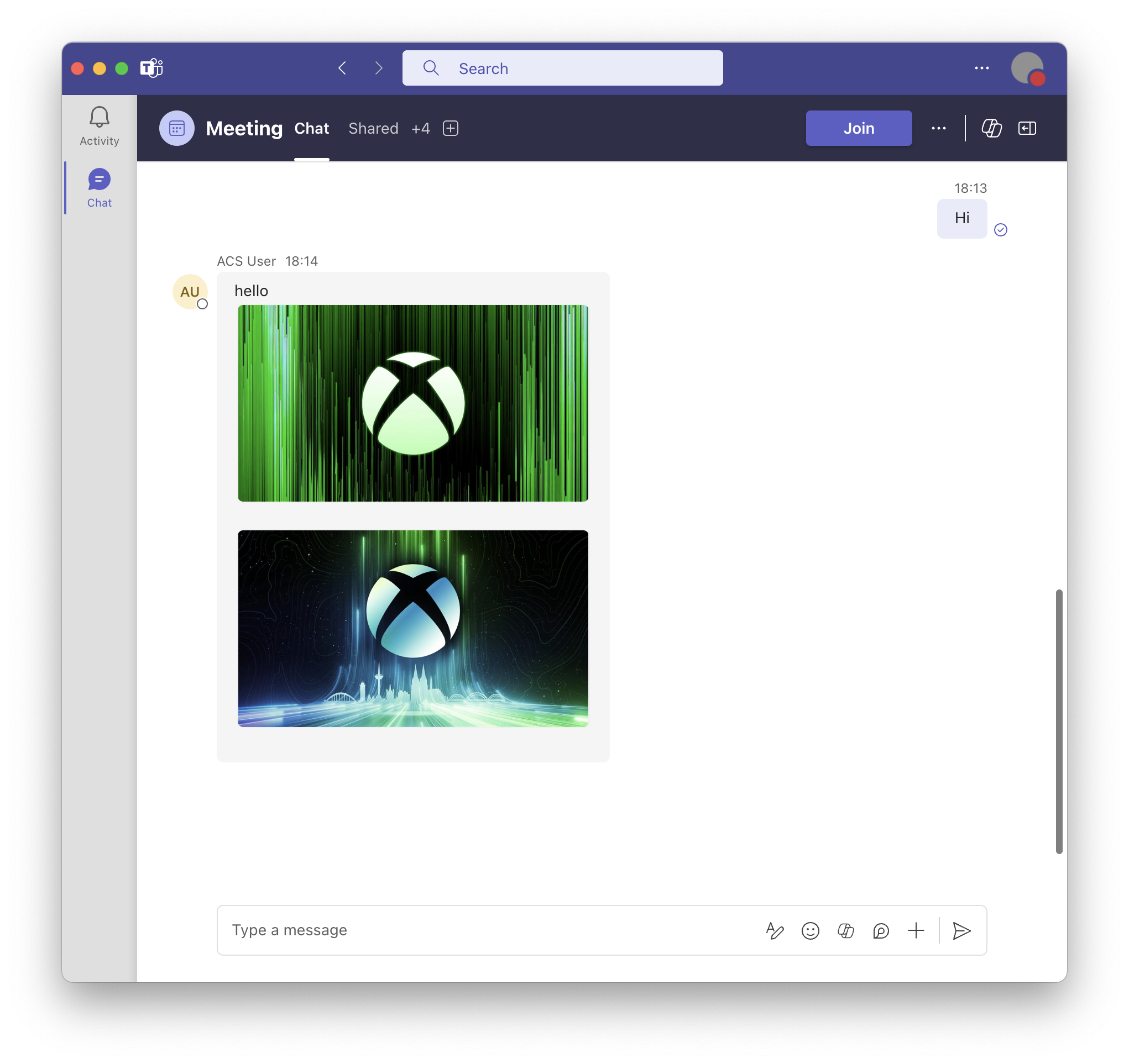 Screenshot des Teams-Clients mit einer empfangenen Nachricht mit zwei eingebetteten Bildern.