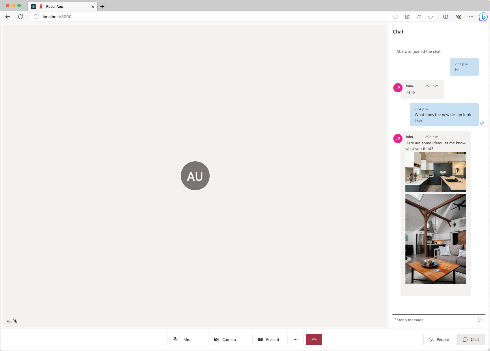 Screenshot, der zeigt, wie die UI-Bibliothek für Azure Communication Services zwei Inlinebilder empfängt.