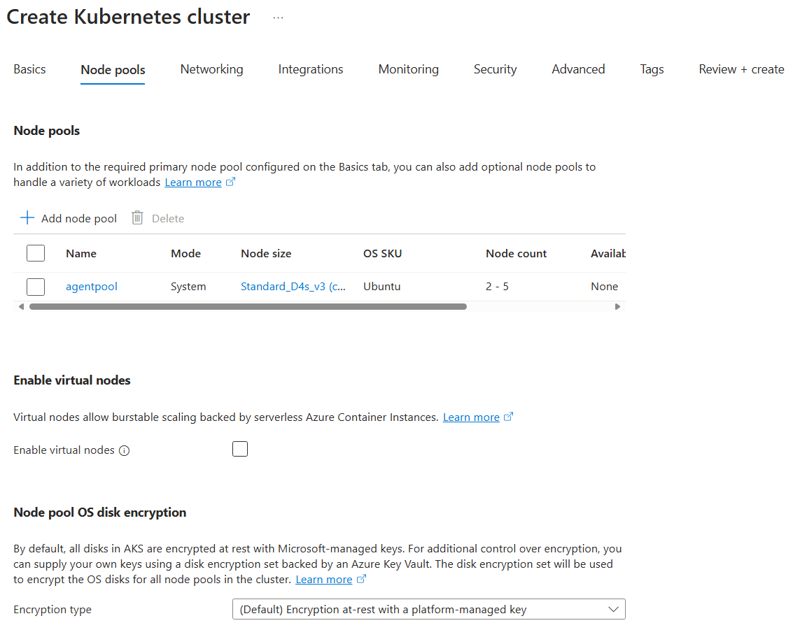 Screenshot der Konfiguration auf der Seite „Knotenpools“ bei der Erstellung von AKS-Clustern im Azure-Portal