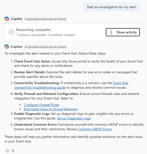 Screenshot von Azure Copilot, der Schritte zum Untersuchen und Beheben einer Warnung bereitstellt.