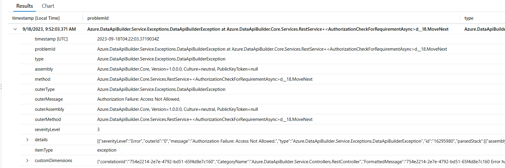 Screenshot der Ergebnisse einer Abfrage für Ausnahmen des Daten-API-Generators in Application Insights.
