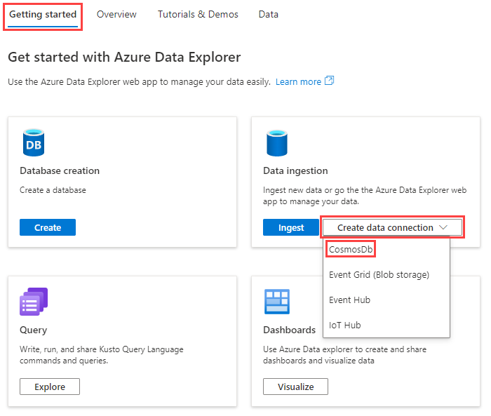 Screenshot der Registerkarte „Erste Schritte“ mit der Option „Cosmos&nbsp;DB-Datenverbindung erstellen“.