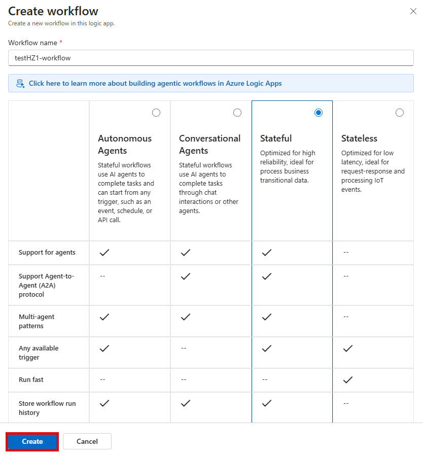 Screenshot: Seite „Neuer Workflow“ mit den ausgefüllten Details und der Schaltfläche „Erstellen“