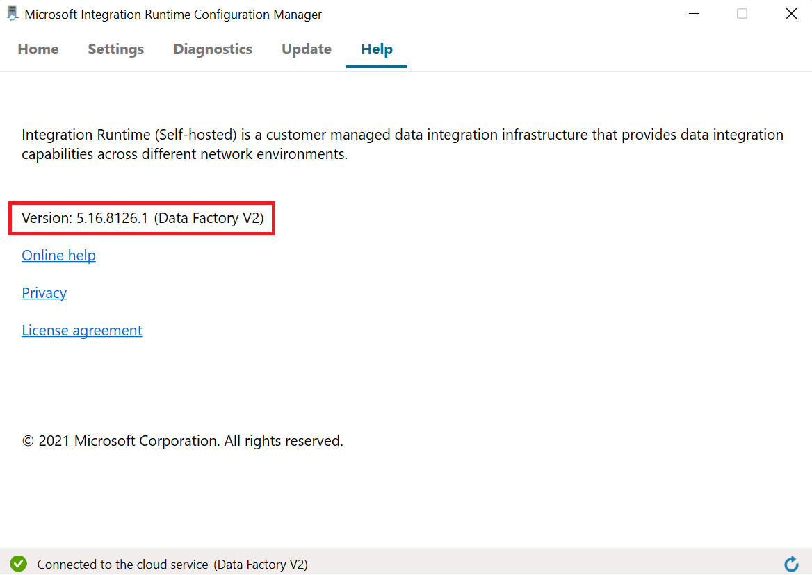 Screenshot, der die Version im selbstgehosteten Integration Runtime-Client zeigt.