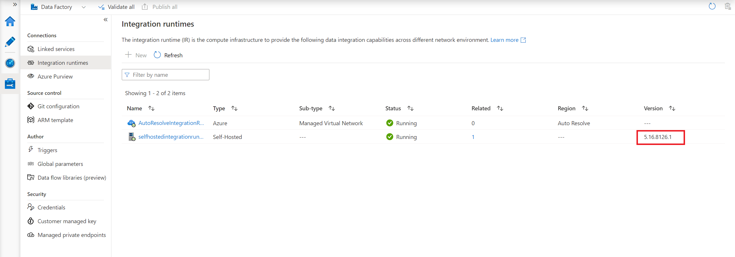 Screenshot, das die Version im Azure Data Factory-Portal zeigt.