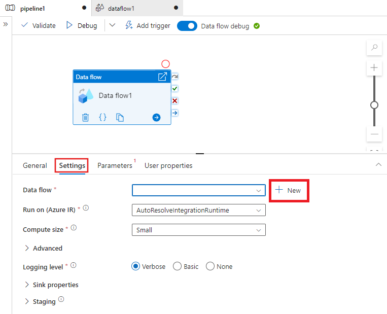 Screenshot, der zeigt, wie der Datenfluss-Editor aus dem Pipeline-Editor geöffnet wird.