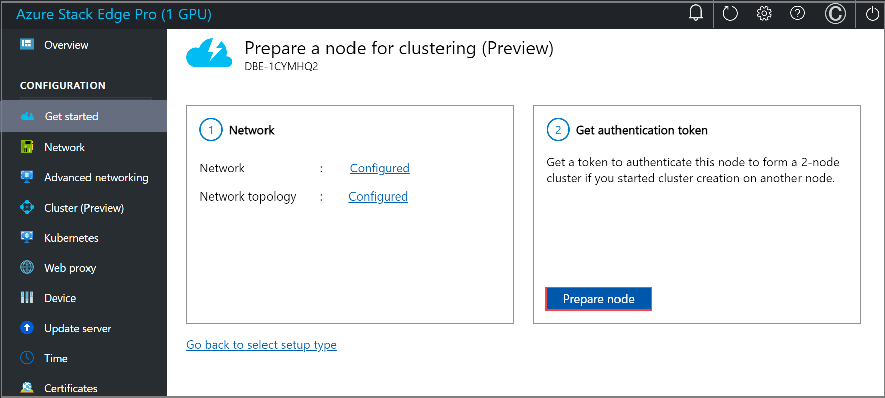 Screenshot der Seite Erste Schritte auf der lokalen Webbenutzeroberfläche beim Vorbereiten eines Knotens für das Clustering mit ausgewählter Option Knoten vorbereiten auf der Kachel Authentifizierungstoken abrufen.