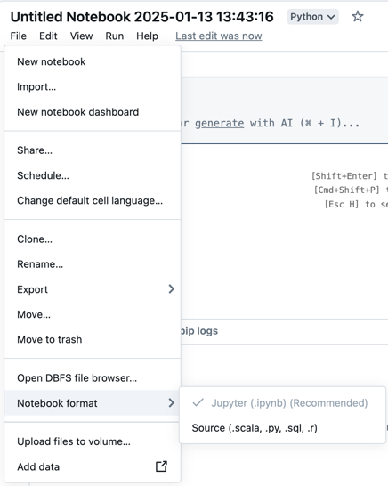 Das Arbeitsbereichsdateimenü, erweitert mit der Option zum Notizbuchformat.