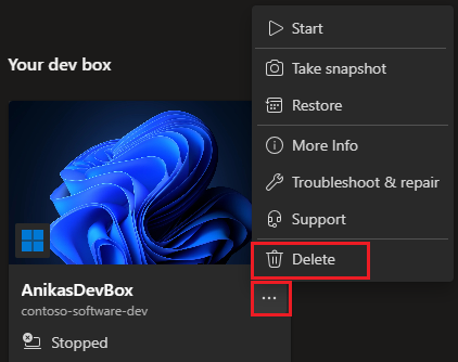 Screenshot: Entwicklerportal mit dem Aktionsmenü für eine Dev-Box, in dem „Löschen“ ausgewählt ist