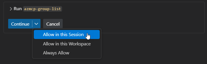 Screenshot der verfügbaren Optionen zum Ausführen von Azure MCP Server-Vorgängen.