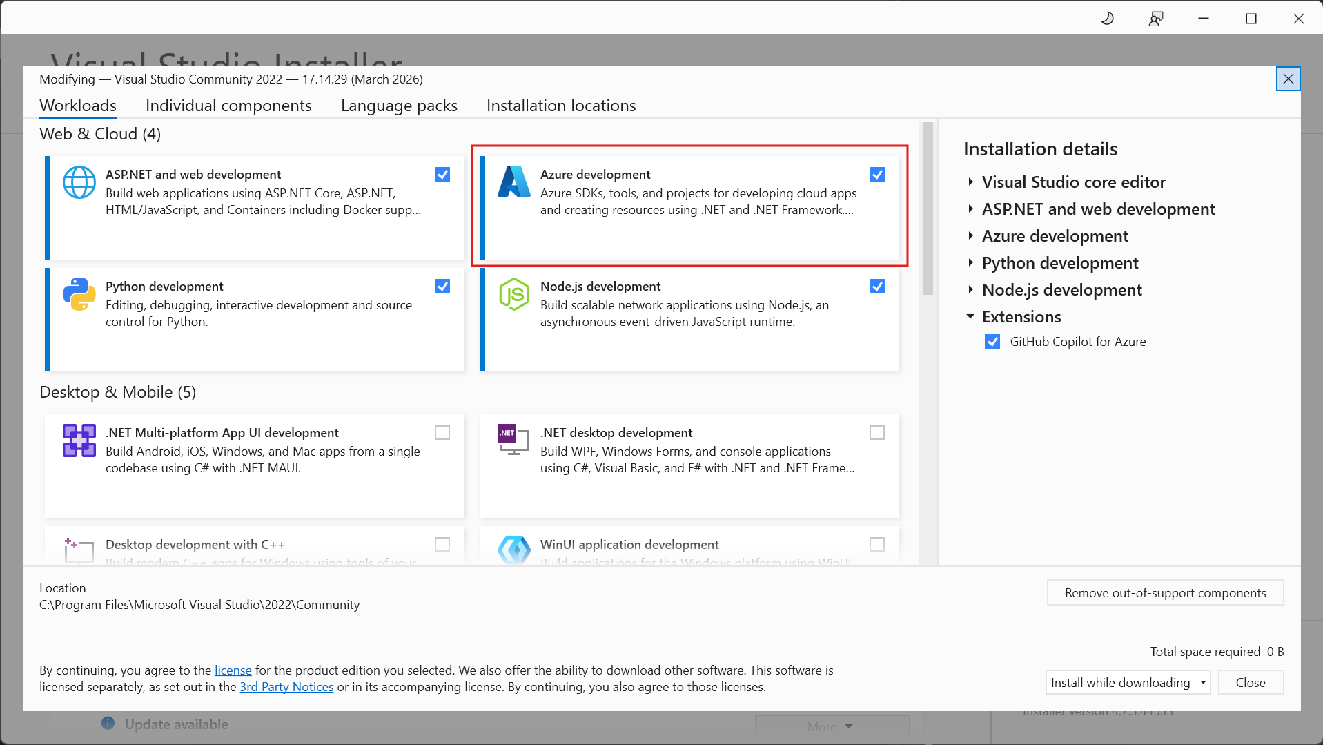 Screenshot, in dem der Visual Studio Installer mit hervorgehobener Schaltfläche Azure Entwicklung angezeigt wird.