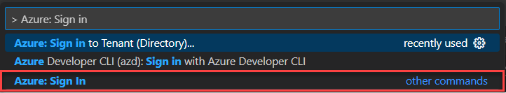 Screenshot zeigt, wie Sie sich bei Azure in Visual Studio Code anmelden.
