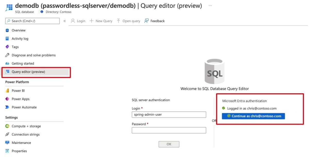 Screenshot des Azure-Portals mit dem SQL-Datenbankabfrage-Editor.