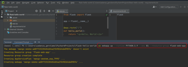 A screenshot der PyCharm IDE mit einem Azure CLI Befehl zur Bereitstellung einer Web app.