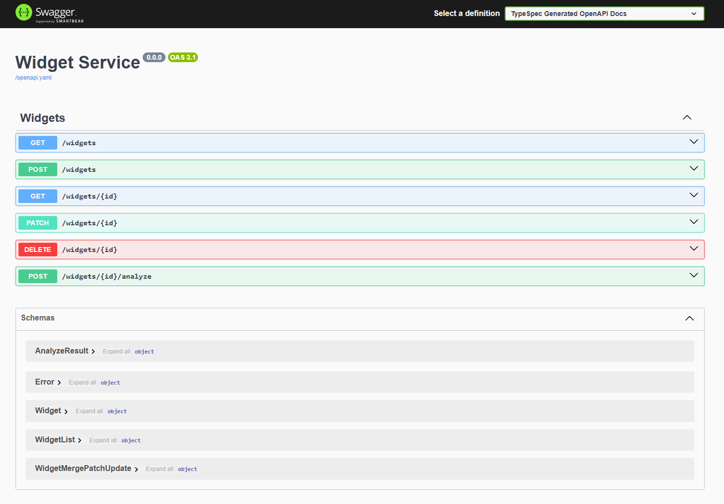 Screenshot des Browsers mit der Swagger-BEnutzeroberfläche für die Widgets-API.