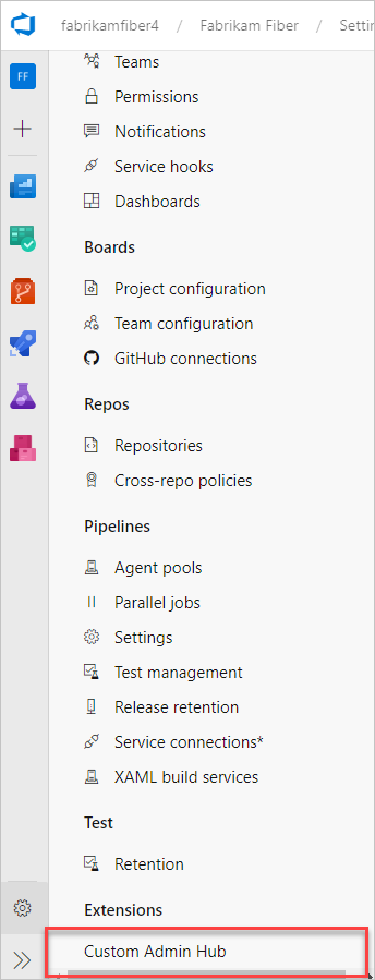 Screenshot des benutzerdefinierten Projektadministratorhubs.