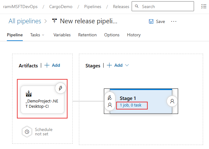 Screenshot, der zeigt, wie eine klassische Releasepipeline für die Datenbankbereitstellung eingerichtet wird.