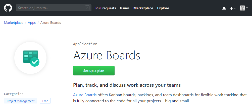 GitHub Marketplace Azure-Boards-App.