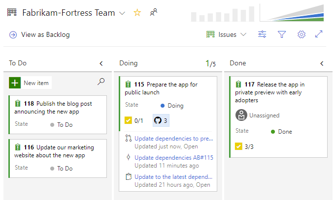 Anzeigen von verknüpften GitHub-Aktivitäten im Kanban-Board.