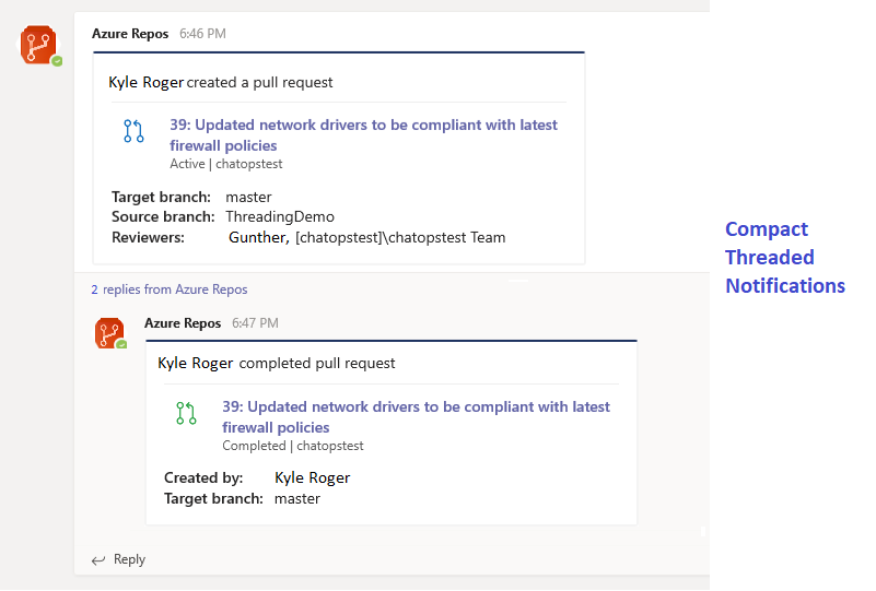 Benachrichtigungen im Zusammenhang mit der Pull-Anforderung in der Azure Repos-App für Microsoft Teams.