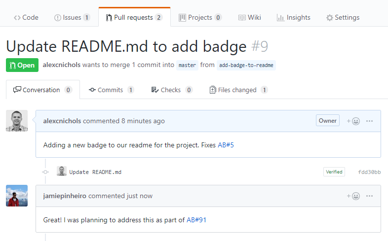 Screenshot mit einer Pullanforderung auf GitHub.