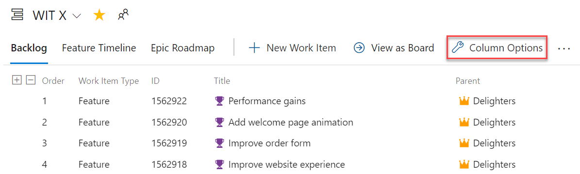 Screenshot eines Backlogs mit der Option 