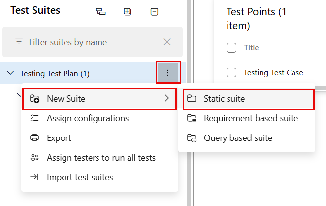 Screenshot zeigt das Erstellen einer statischen Testsuite aus dem Menü 