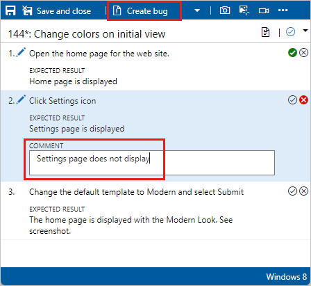 Screenshot: Test Runner mit einem fehlerhaften Test und hervorgehobener Option „Fehler erstellen“