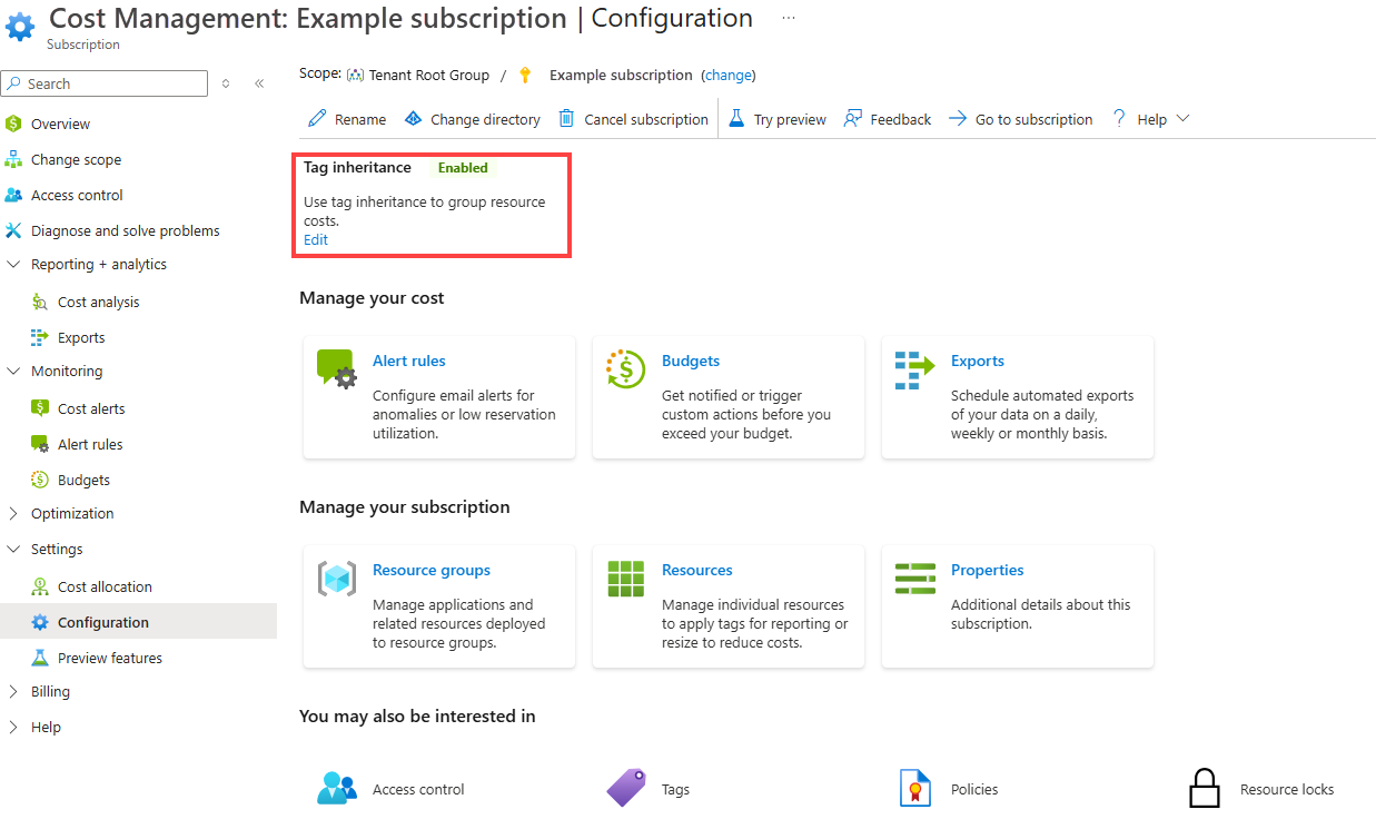 Screenshot, der zeigt, dass die Tagvererbung für die Kostenverwaltung im Azure-Portal aktiviert ist.