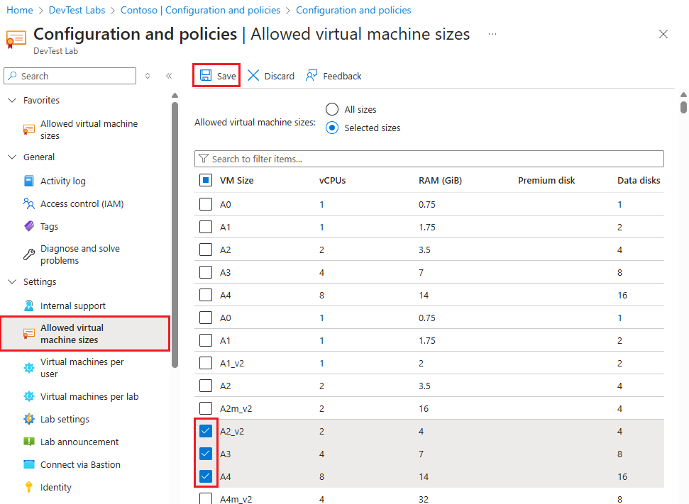 Screenshot mit zulässigen VM-Größen.
