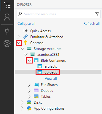 Screenshot: Erweiterter Knoten „Blobcontainer“ mit dem Verzeichnis „uploads“.