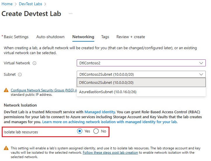 Screenshot: Auswählen eines Subnetzes.