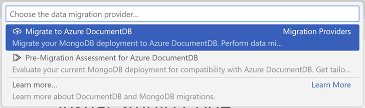 Screenshot der Befehlspalette in Visual Studio Code.