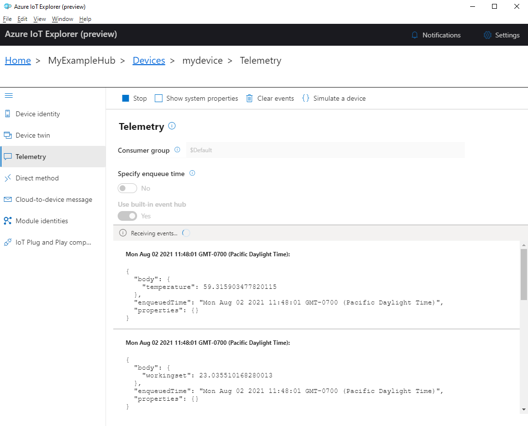 Screenshot der Gerätetelemetrie im IoT-Explorer