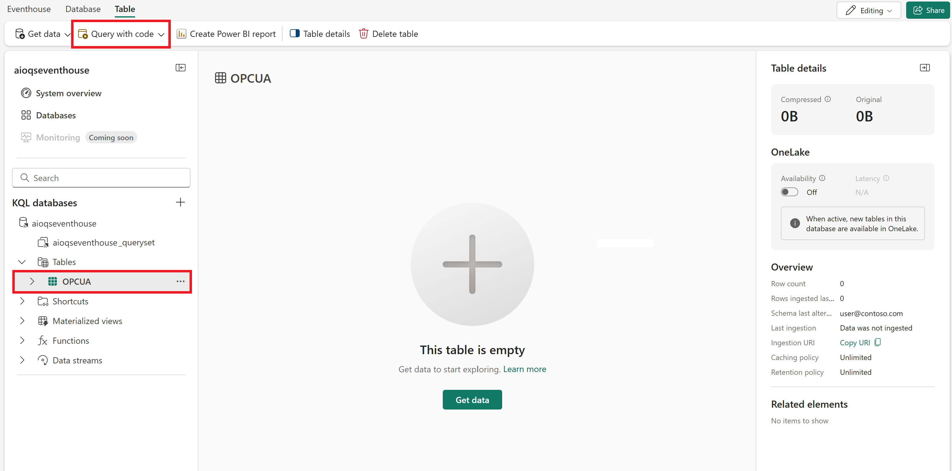 Screenshot der Schaltfläche „Abfrage mit Code“.