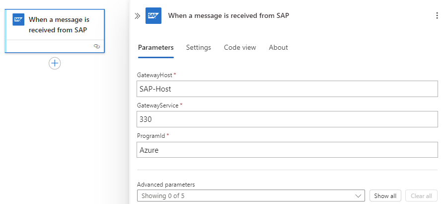 Screenshot des Workflows und eines minimal konfigurierten, verwalteten SAP-Connectortriggers.