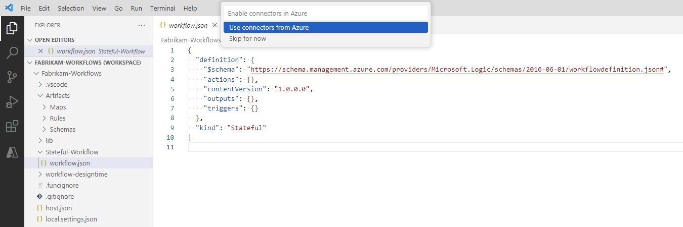 Screenshot des geöffneten Logik-App-Projekts mit Aufforderung zum Aktivieren von in Azure gehosteten Connectors.