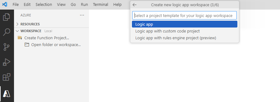 Screenshot zeigt die Aufforderung zum Auswählen einer Projektvorlage mit ausgewählter Option für die Logik-App.