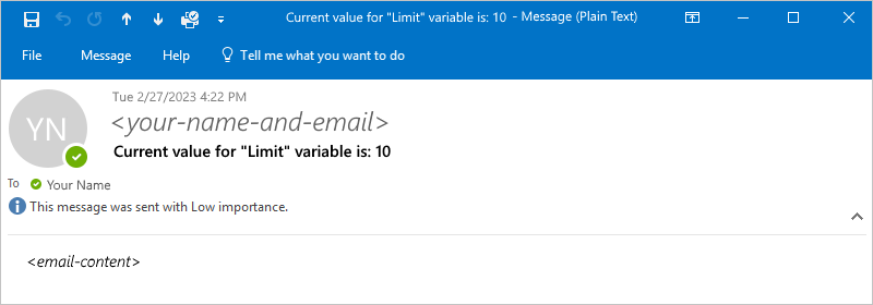 Screenshot einer vom Beispielworkflow gesendeten Beispiel-E-Mail.