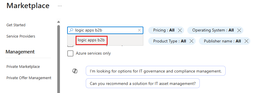 Screenshot des Marketplace, in dem Sie nach Logik-Apps B2B suchen und auswählen können.